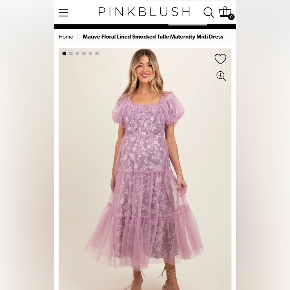 Mauve Floral Lined Smocked Tulle Maternity Midi Dress